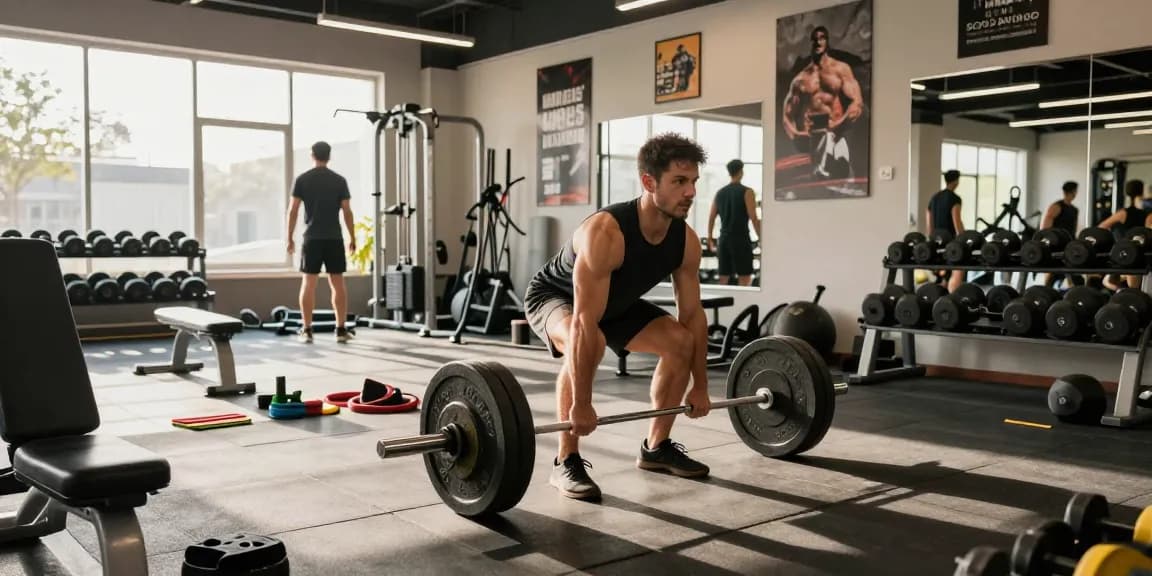 Anabolikashop: Sportler beim Deadlifting im Fitnessstudio, umgeben von Trainingsgeräten und motivierenden Postern.