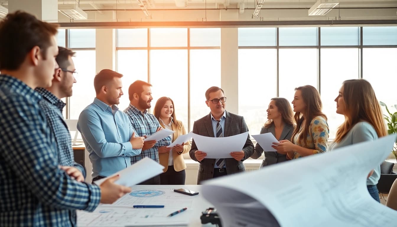 Headhunter Ingenieure beraten Ingenieure in einem modernen Büroraum.