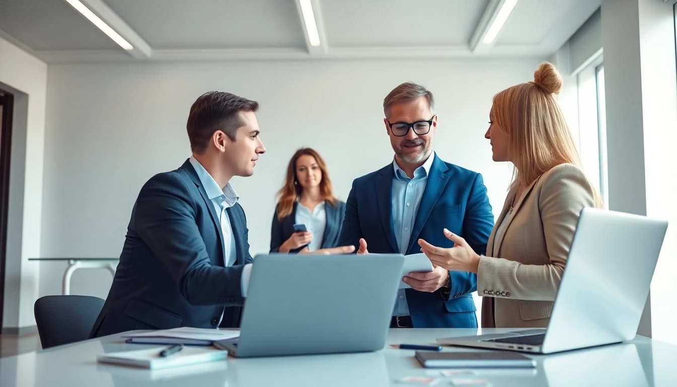 Headhunter IT consulting with clients in a modern office environment, emphasizing collaboration.