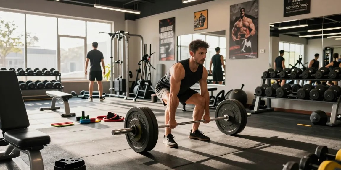 Anabolikashop: Sportler beim Deadlifting im Fitnessstudio, umgeben von Trainingsgeräten und motivierenden Postern.