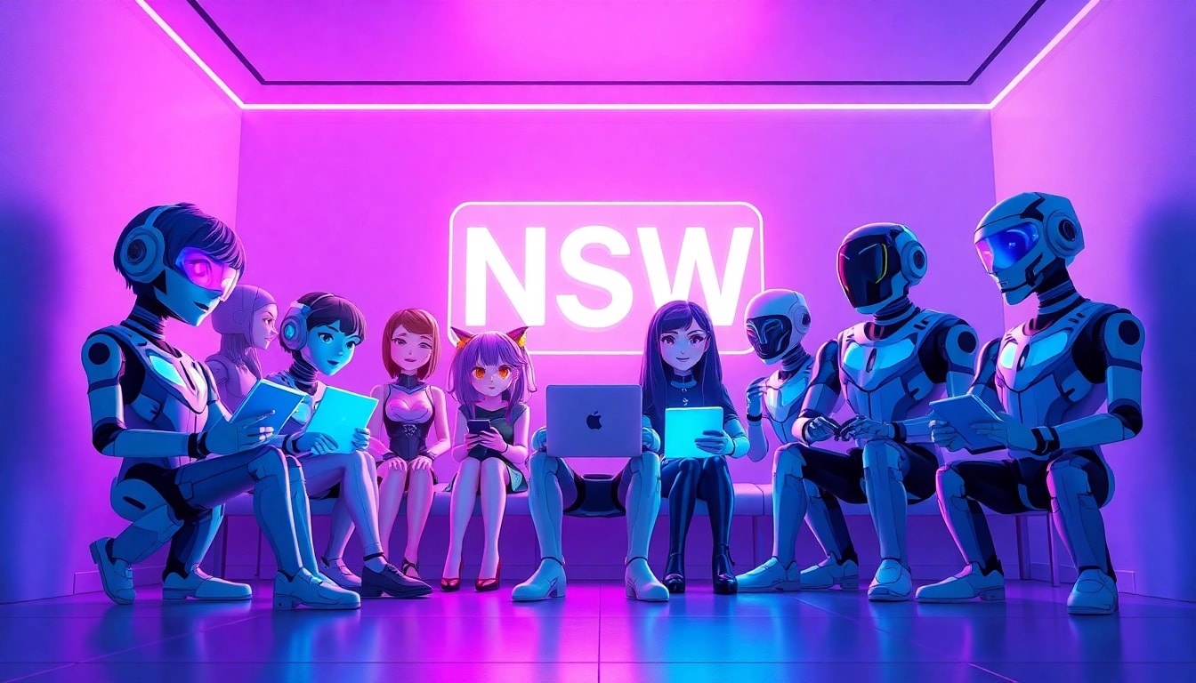 Engaging scene of an NSFW chat room with diverse AI characters and vibrant digital elements.