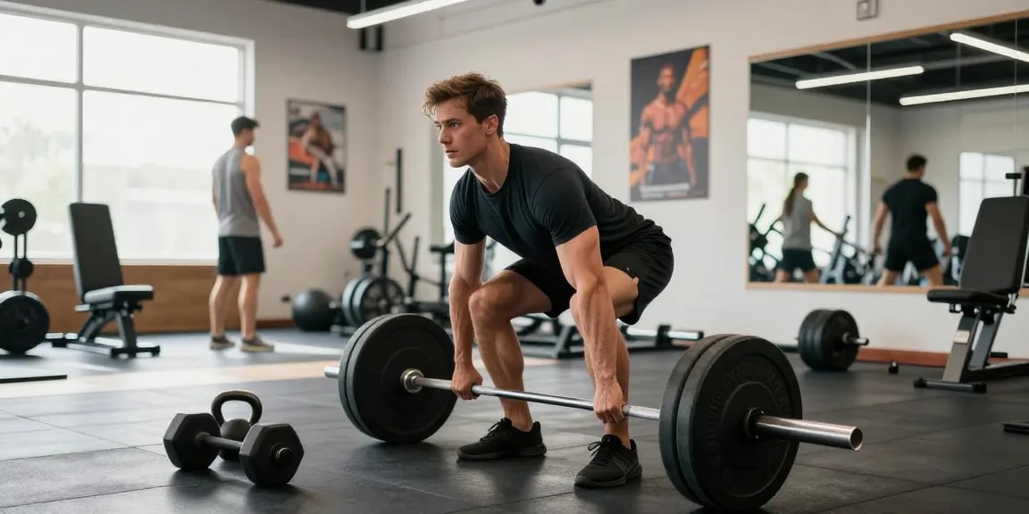 Steroide im Steroidshop kaufen: Bodybuilder trainiert im Fitnessstudio mit Gewichten.