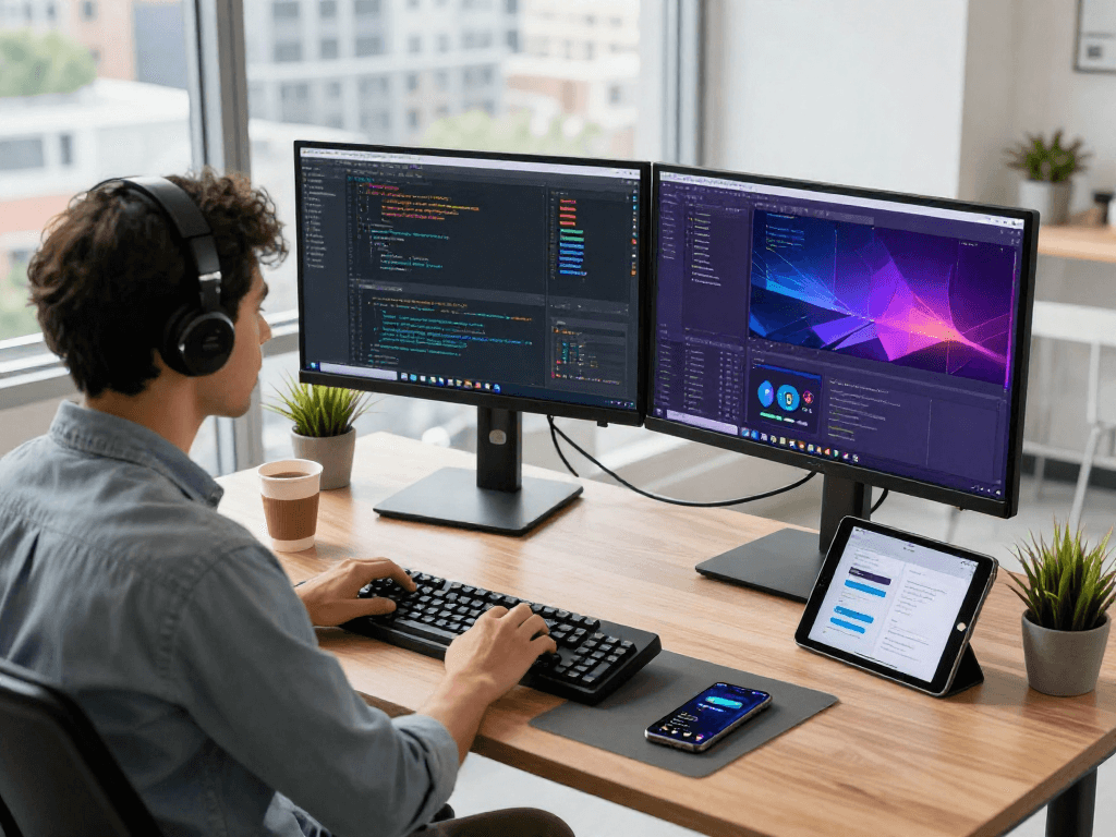 Focused developer coding at http://debet-app.com in a vibrant workspace with dual monitors and natural light.