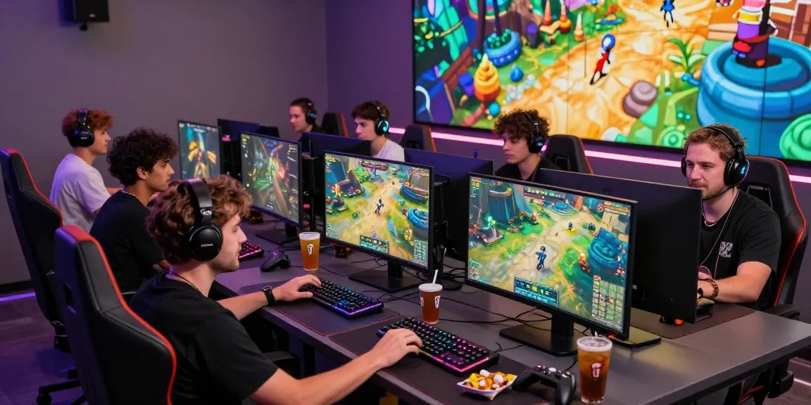 FAFA828 gaming lounge scene with diverse players engaged in multiplayer action, vibrant graphics, and dynamic atmosphere.