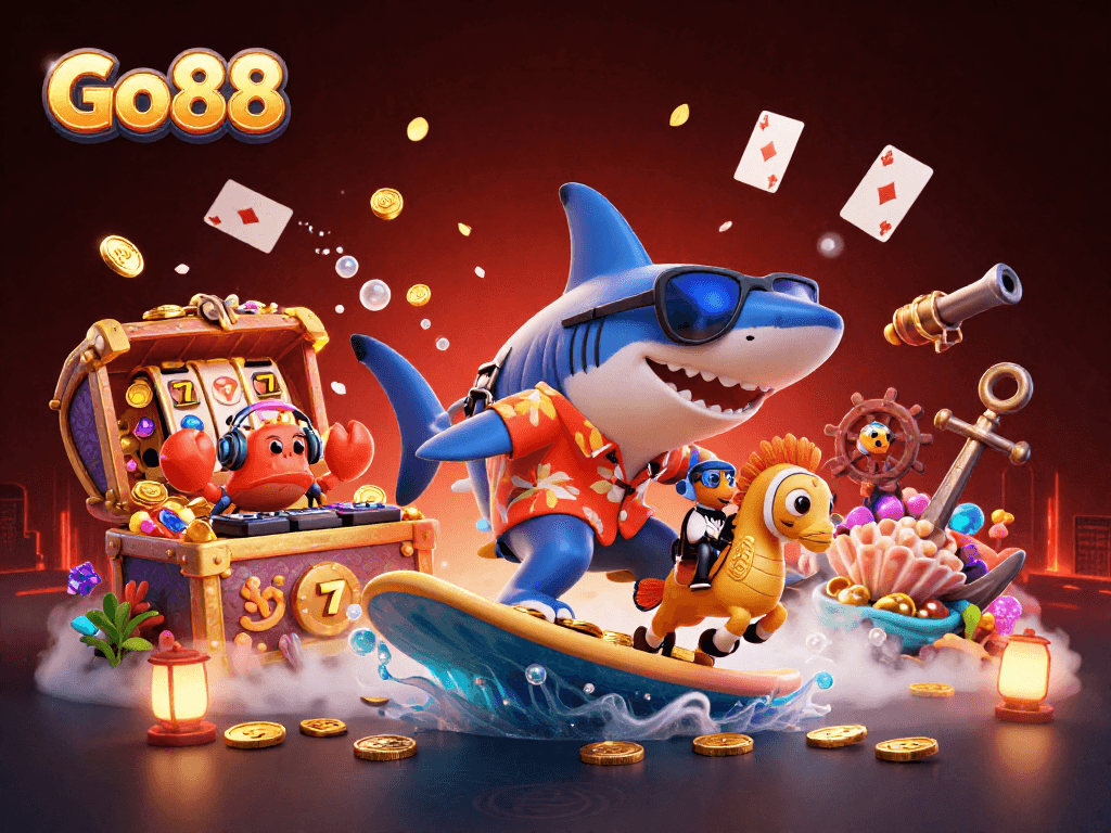 Experience thrilling gameplay at Go88, where a shark rides waves of winning slots and treasures.