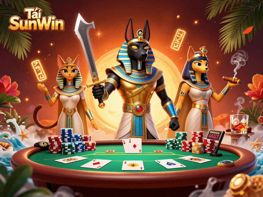 Tải SunWin showcases a vibrant casino scene featuring Anubis and Bastet amidst poker elements.