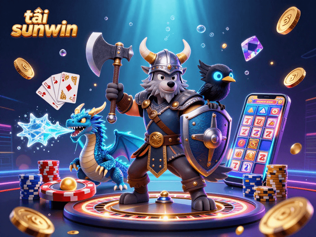 Engage in thrilling wins with tải sunwin featuring a Viking warrior, dragon, and casino elements.