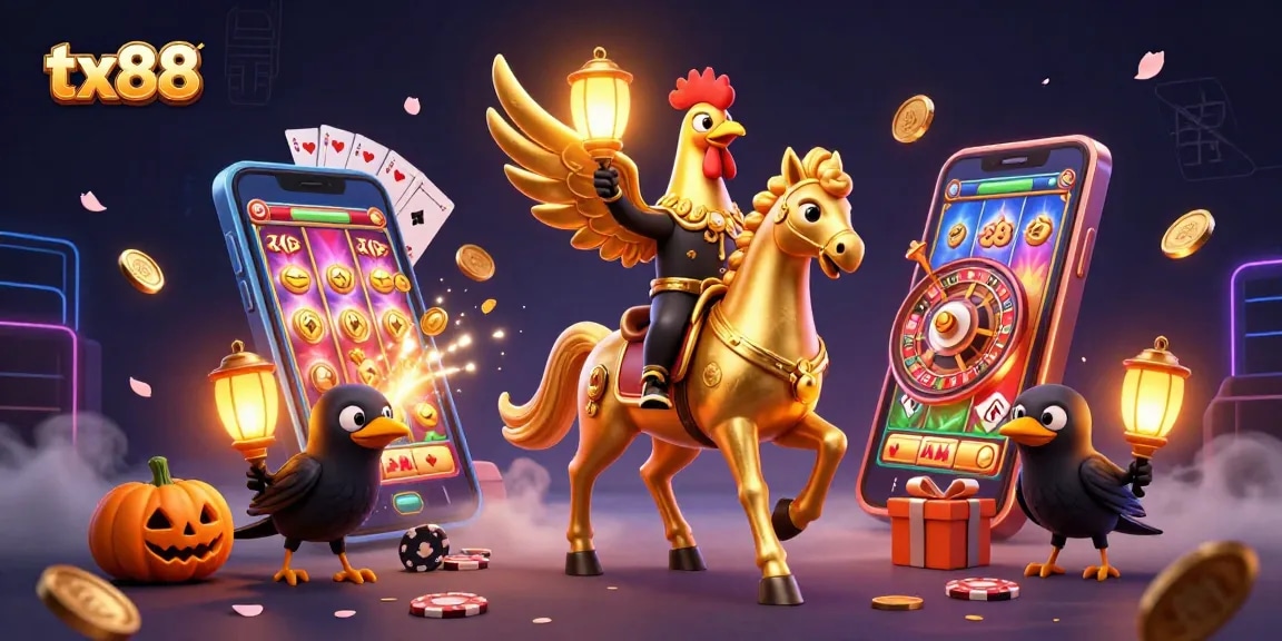 Spin the reels at tx88 with a golden rooster and spectral horse in a vibrant casino setting.