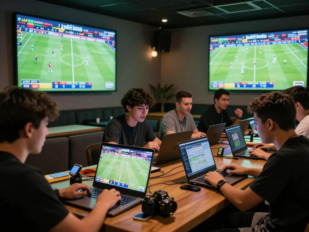 Engaging Judi Bola online betting scene with diverse players in a vibrant sports bar.