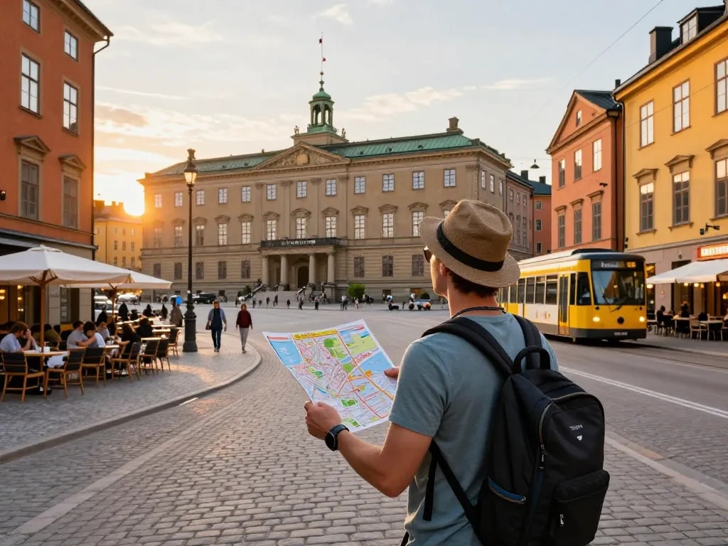 Reisetipps Stockholm, Reisender erkundet lebendige Stadtstraßen mit Wahrzeichen bei Sonnenuntergang.