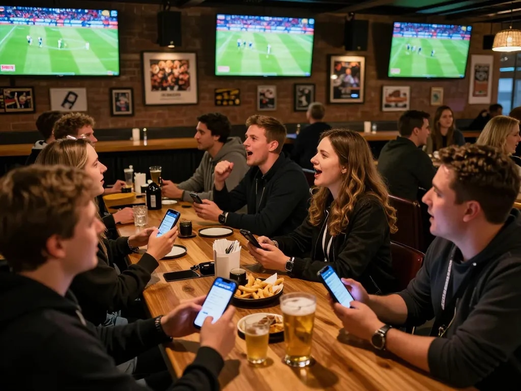 go8 sports betting excitement at a lively bar with fans engaging through betting apps