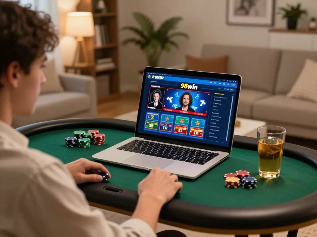 Engaging with casino games on 98win com from the comfort of home, showcasing responsible gaming.