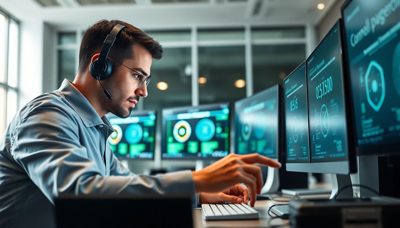 IT Support Techniker analysiert Computerprobleme in modernem Buero.
