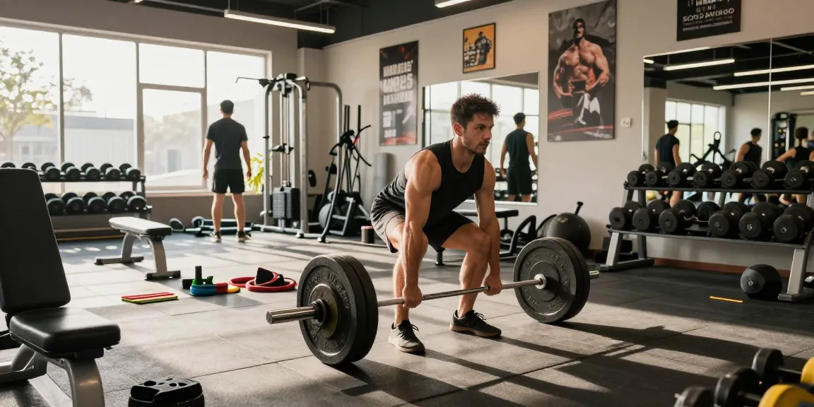 Anabolikashop: Sportler beim Deadlifting im Fitnessstudio, umgeben von Trainingsgeräten und motivierenden Postern.
