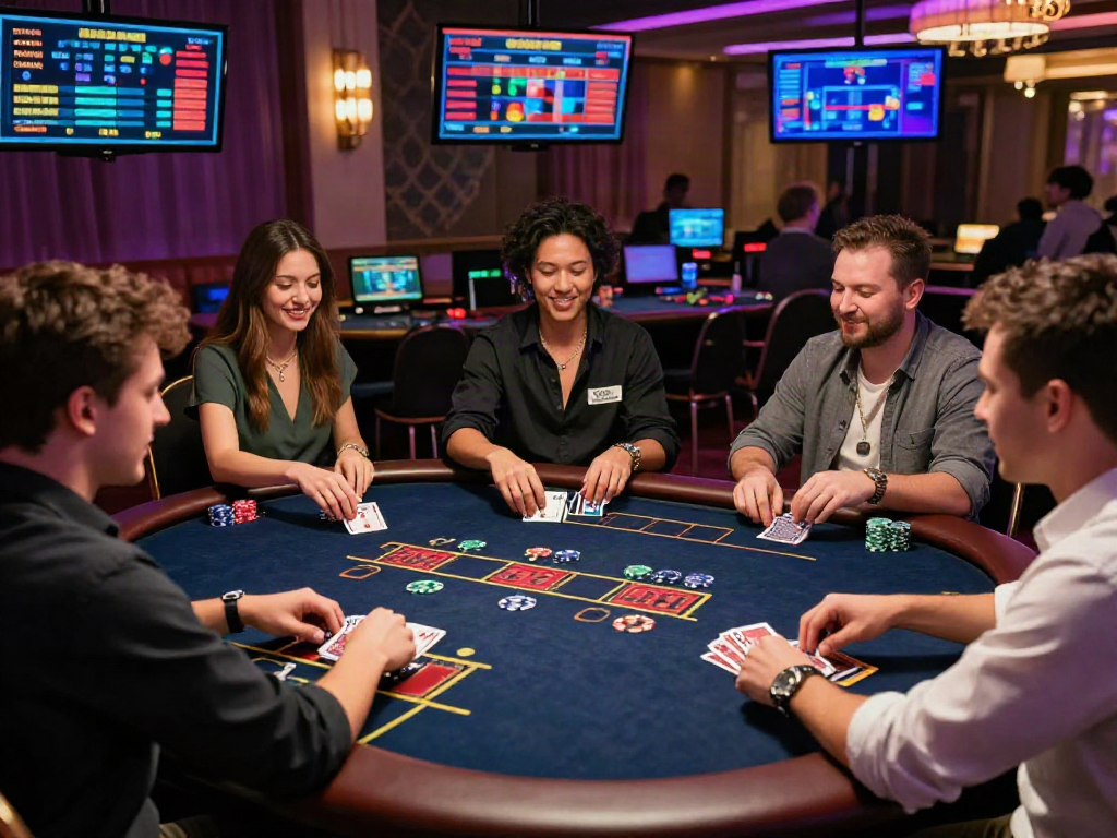 DU88 online gaming excitement with players at a live dealer table, showcasing vibrant atmosphere and digital displays.