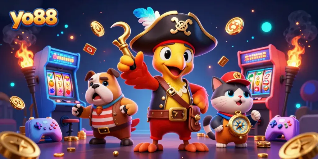 Immerse in yo88 gaming thrills with pirate characters in a vibrant casino scene.