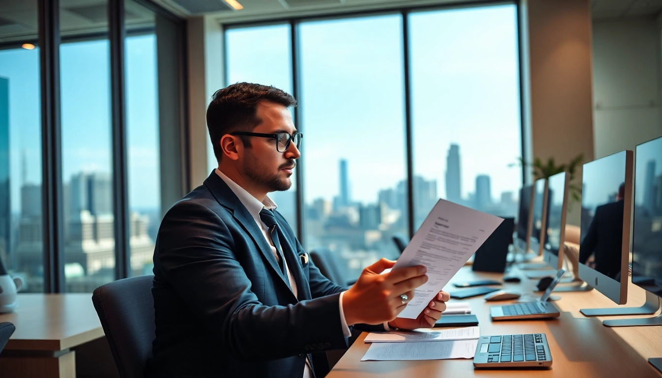 Headhunter Ingenieure evaluates resumes in a bright office with digital tools and a city view.