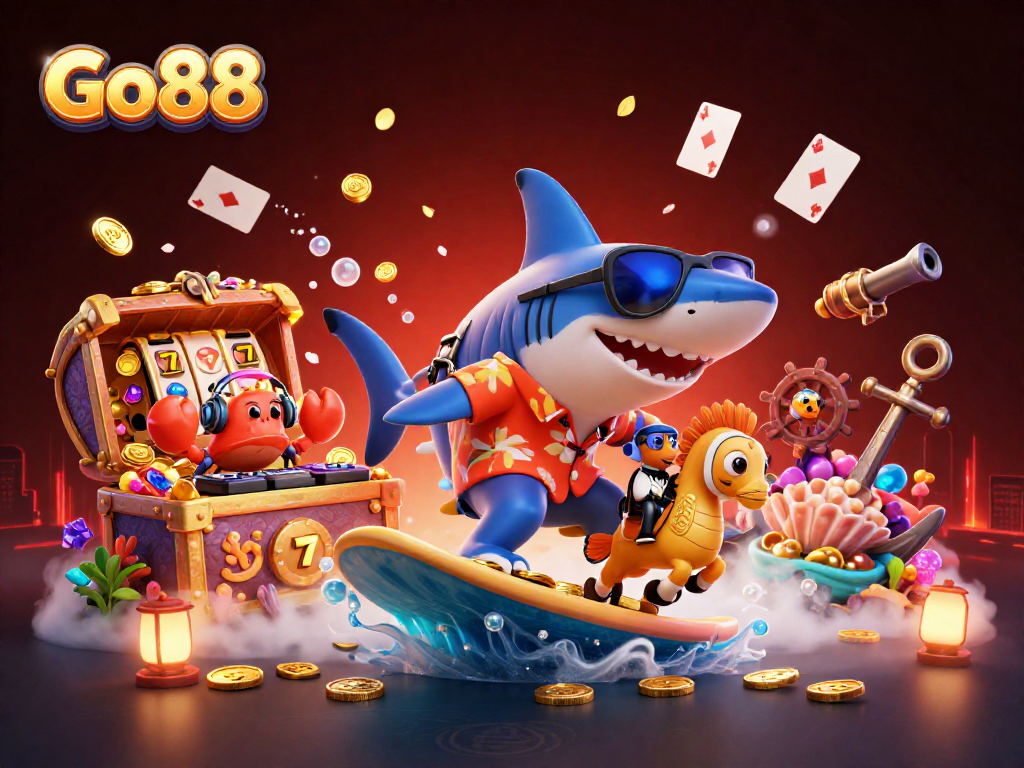 Experience thrilling gameplay at Go88, where a shark rides waves of winning slots and treasures.