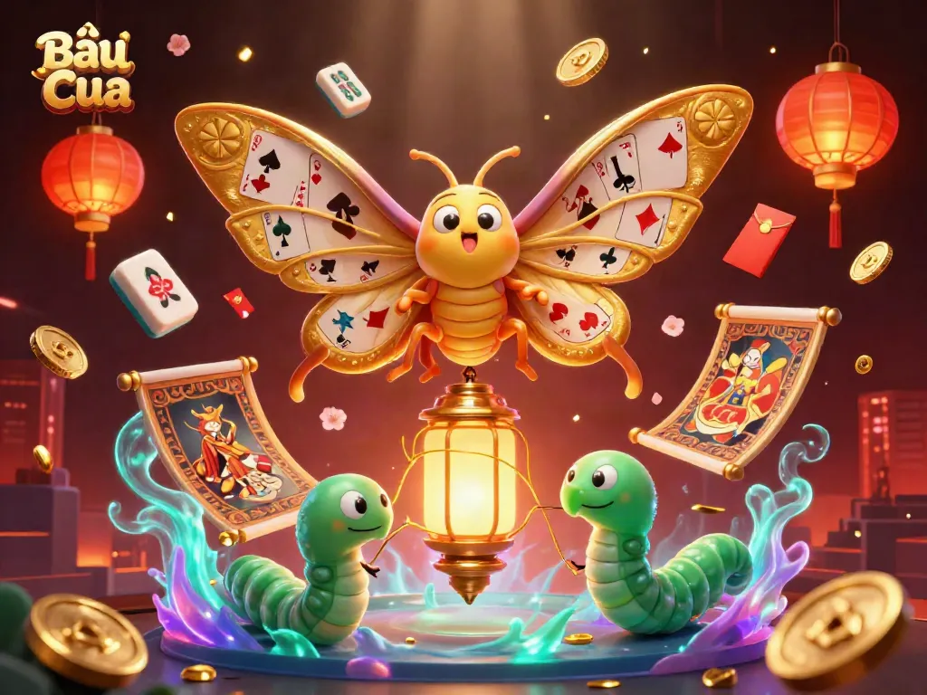 Bầu Cua game illustration featuring vibrant 3D elements and a colorful casino atmosphere.