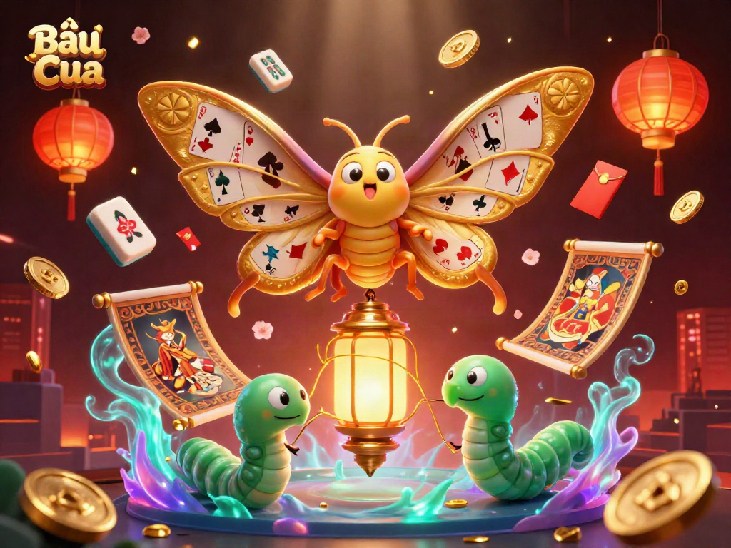 Bầu Cua game illustration featuring vibrant 3D elements and a colorful casino atmosphere.