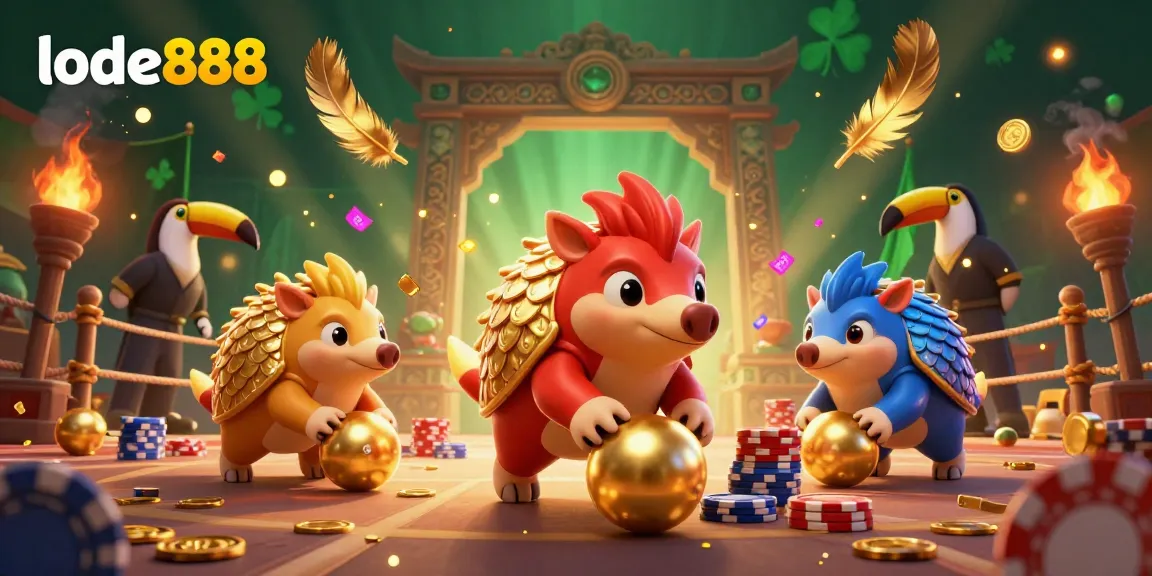 Engage with thrilling lode888 gameplay as rival pangolins compete in a vibrant casino scene filled with golden chips and confetti.