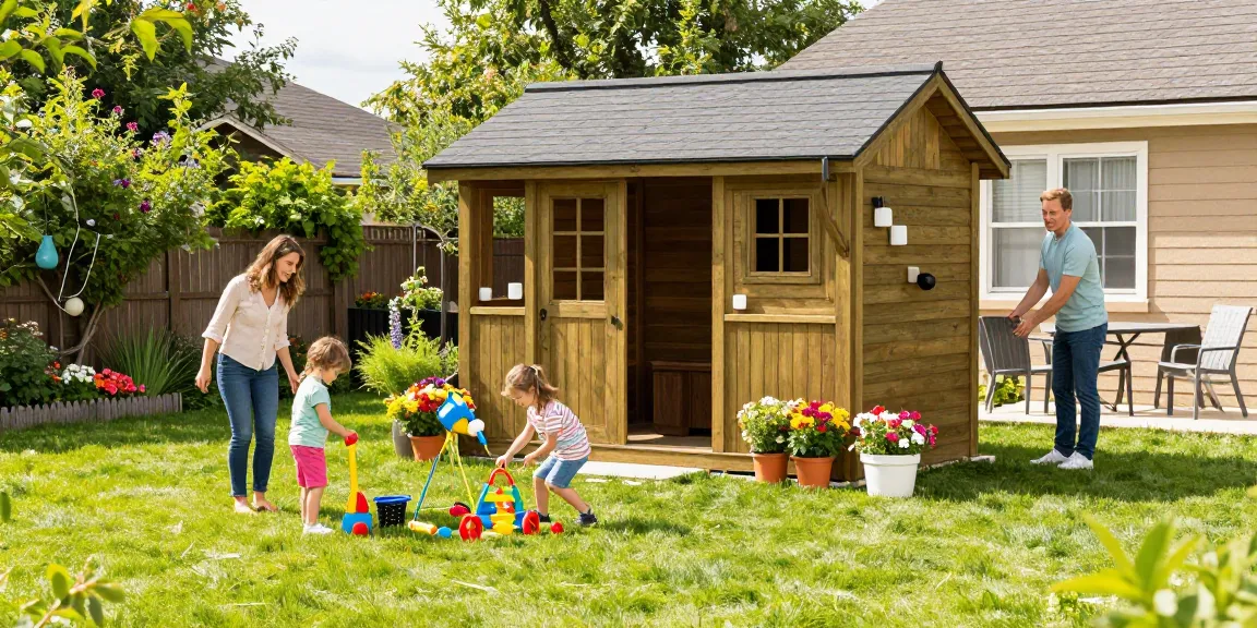 Familie im Garten mit neuem Gartenhaus kaufen, fröhliche Kinder und blühende Pflanzen.