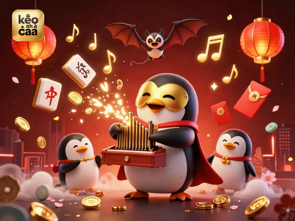 Experience the dynamic world of kèo nhà cái with a captivating scene featuring a phantom penguin and golden coins.