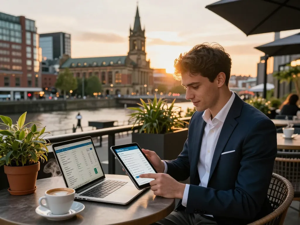 Expert handling of airbnb management in newcastle at a trendy café, showcasing listings and performance metrics outdoors.