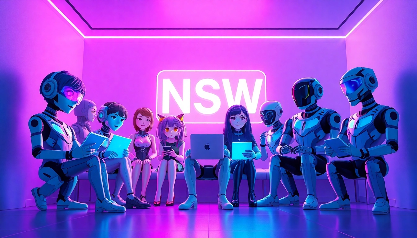 Engaging scene of an NSFW chat room with diverse AI characters and vibrant digital elements.