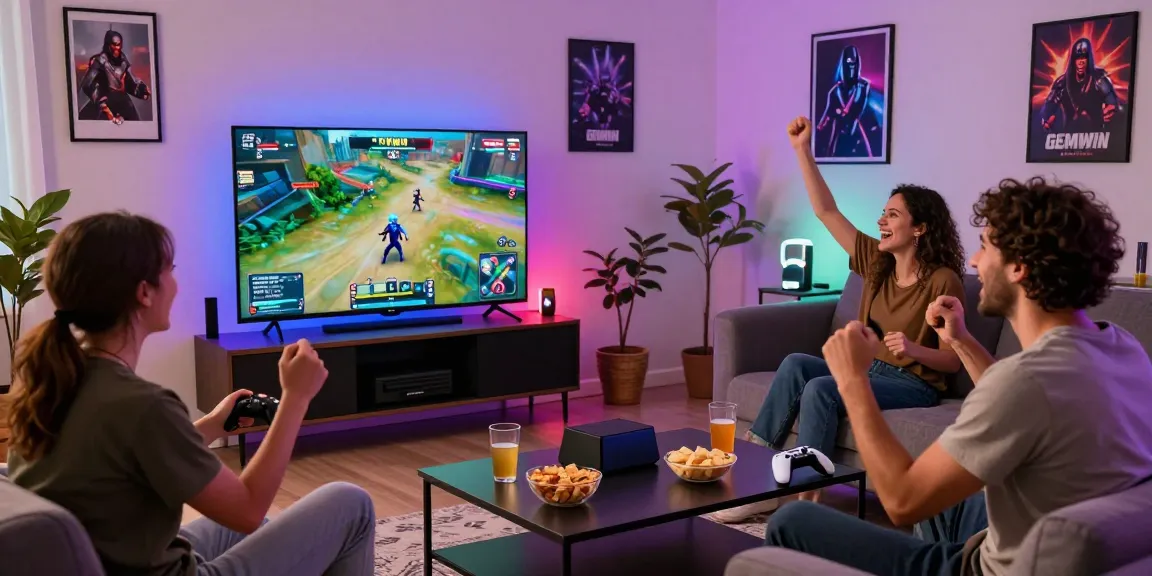 Friends enjoying gaming on GEMWIN platform displaying excitement and snacks in a cozy living room