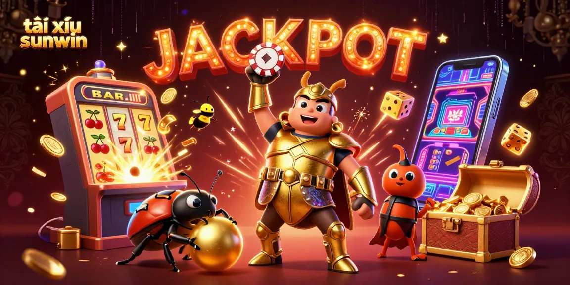 Experience the excitement of tài xỉu sunwin with a dynamic scene of a hero beetle celebrating a jackpot.
