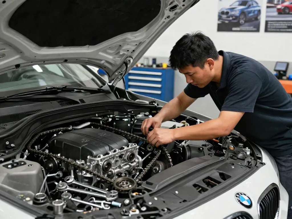 BMW Steuerkette wechseln in einer Werkstatt mit Mechaniker und Werkzeugen.