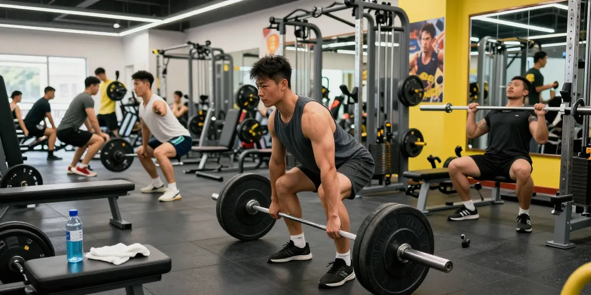 Intensives Training im Deus Shop mit Bodybuilder, Gewichten und motivierender Atmosphäre.