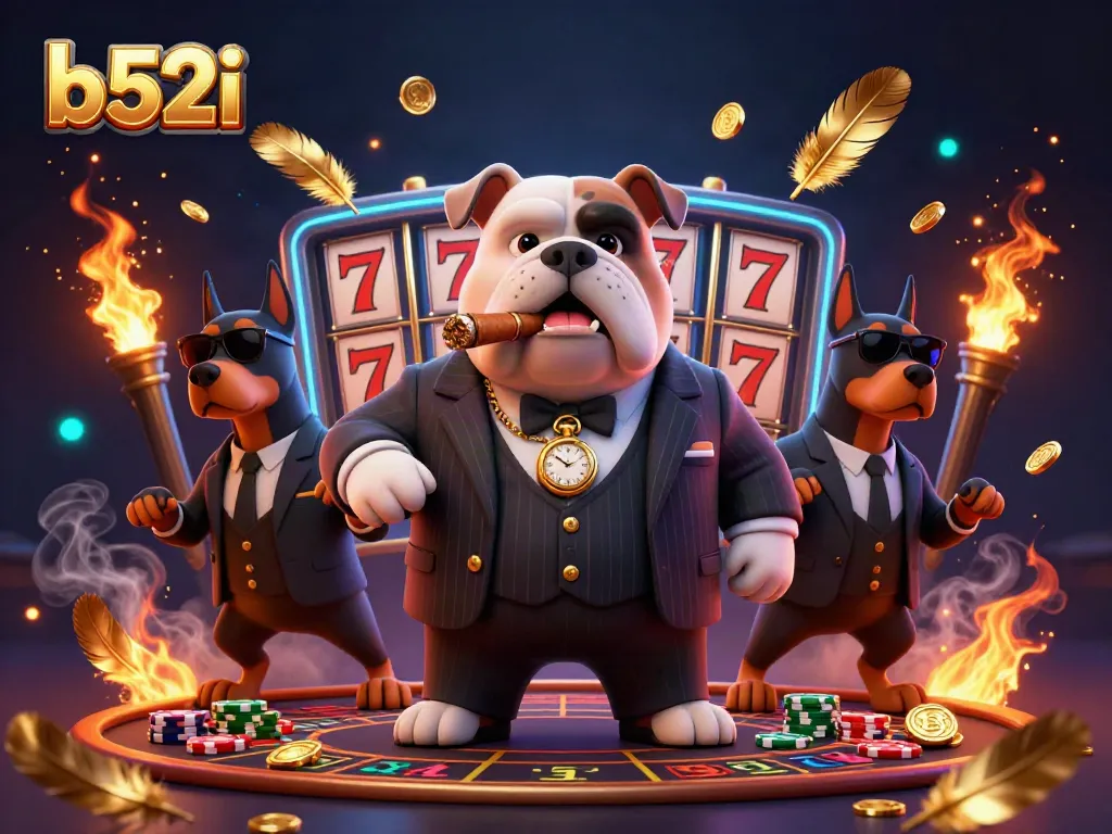 Engage with the exciting b52i casino scene featuring a mafia bulldog and Dobermans surrounded by golden game elements and slot reels.