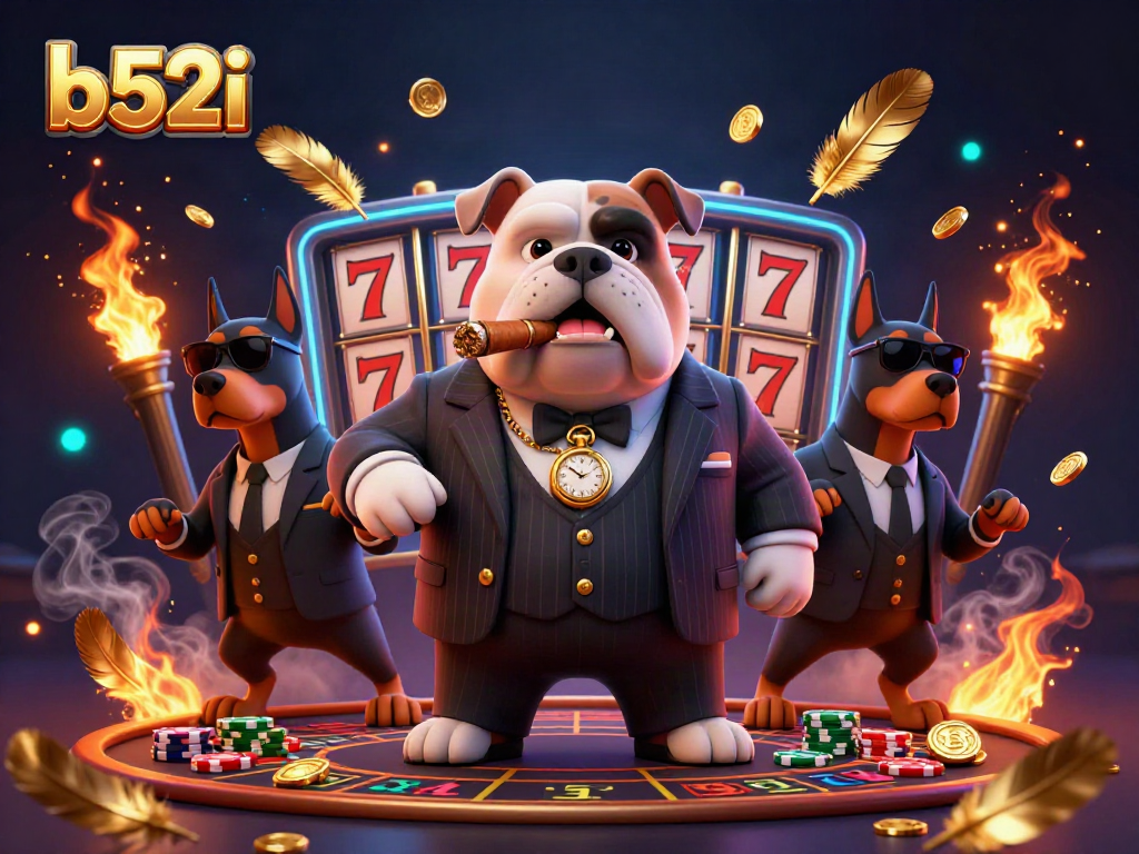Engage with the exciting b52i casino scene featuring a mafia bulldog and Dobermans surrounded by golden game elements and slot reels.