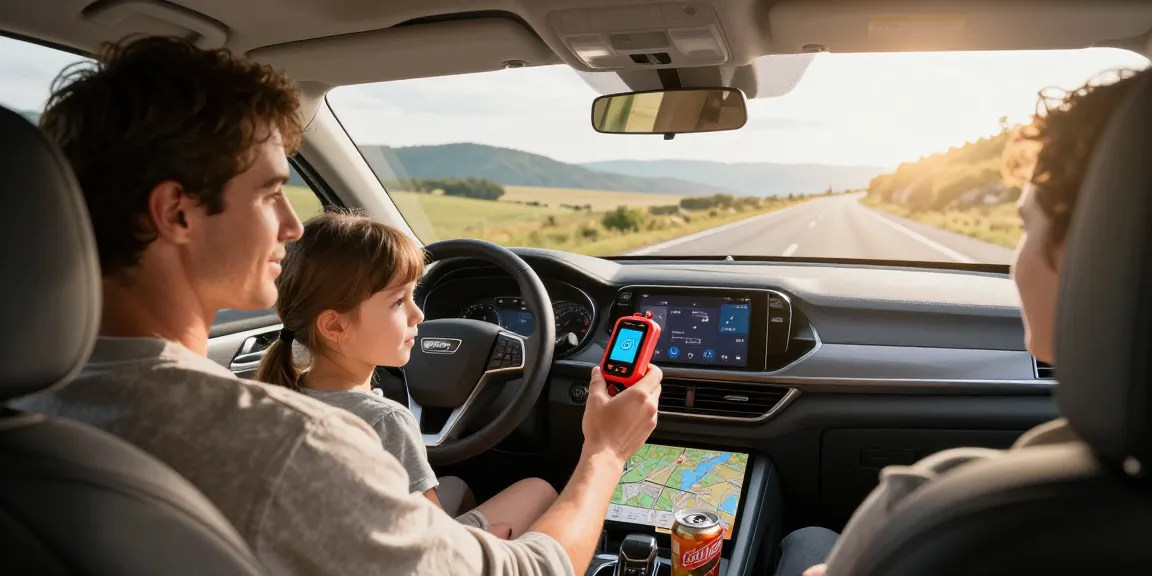 CO Detektor Fahrzeug im Einsatz im Auto während einer Reise mit warmem Licht und sicherer Atmosphäre.
