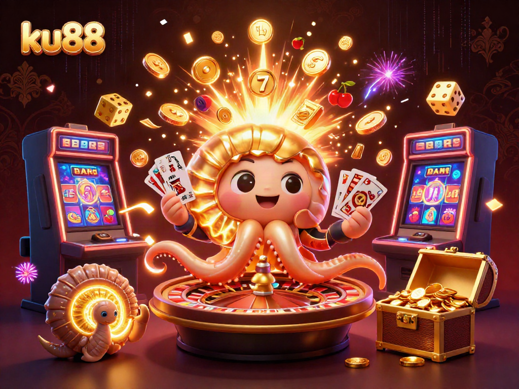 Engage with exciting casino gameplay at ku88, featuring vibrant illustrations of slots and cards.