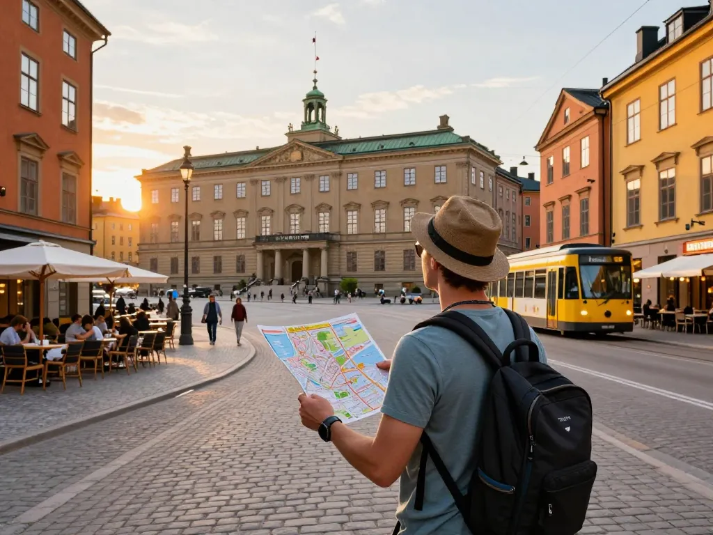 Reisetipps Stockholm, Reisender erkundet lebendige Stadtstraßen mit Wahrzeichen bei Sonnenuntergang.