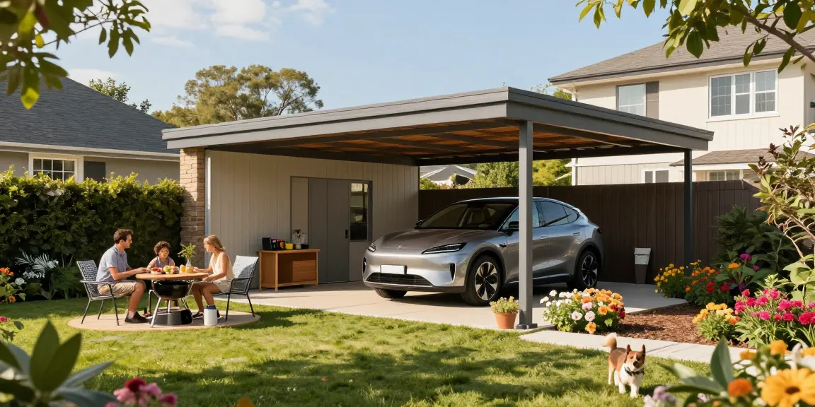 Ein moderner Carport bietet schattigen Schutz für das Fahrzeug im Garten, umgeben von Blumen und einer familiären Atmosphäre.