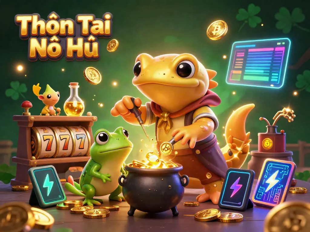 Experience Thần Tài Nổ Hũ with vibrant 3D illustration showcasing magical slots and winning elements.
