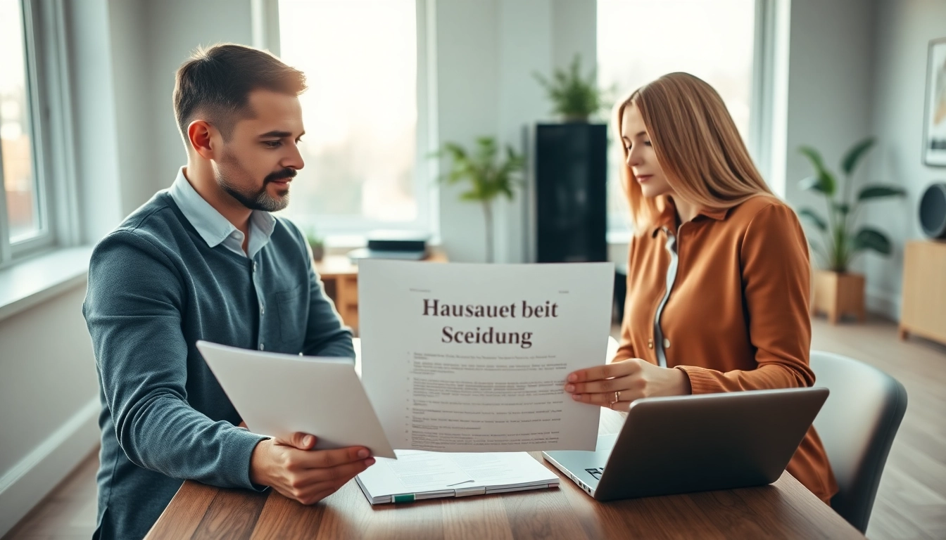 Hausverkauf bei Scheidung: couple discussing real estate documents in an office.