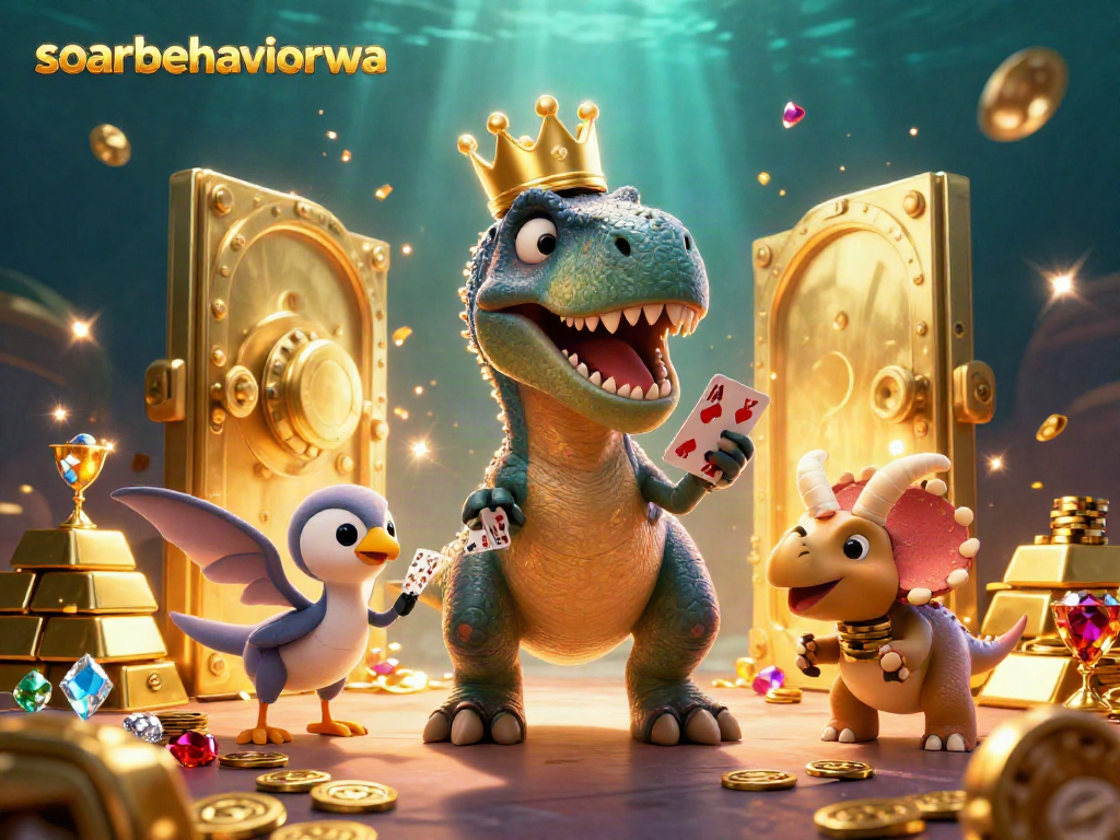 soarbehaviorwa showcases a fun casino scene with a T-Rex and friends enjoying card games and stacking chips.