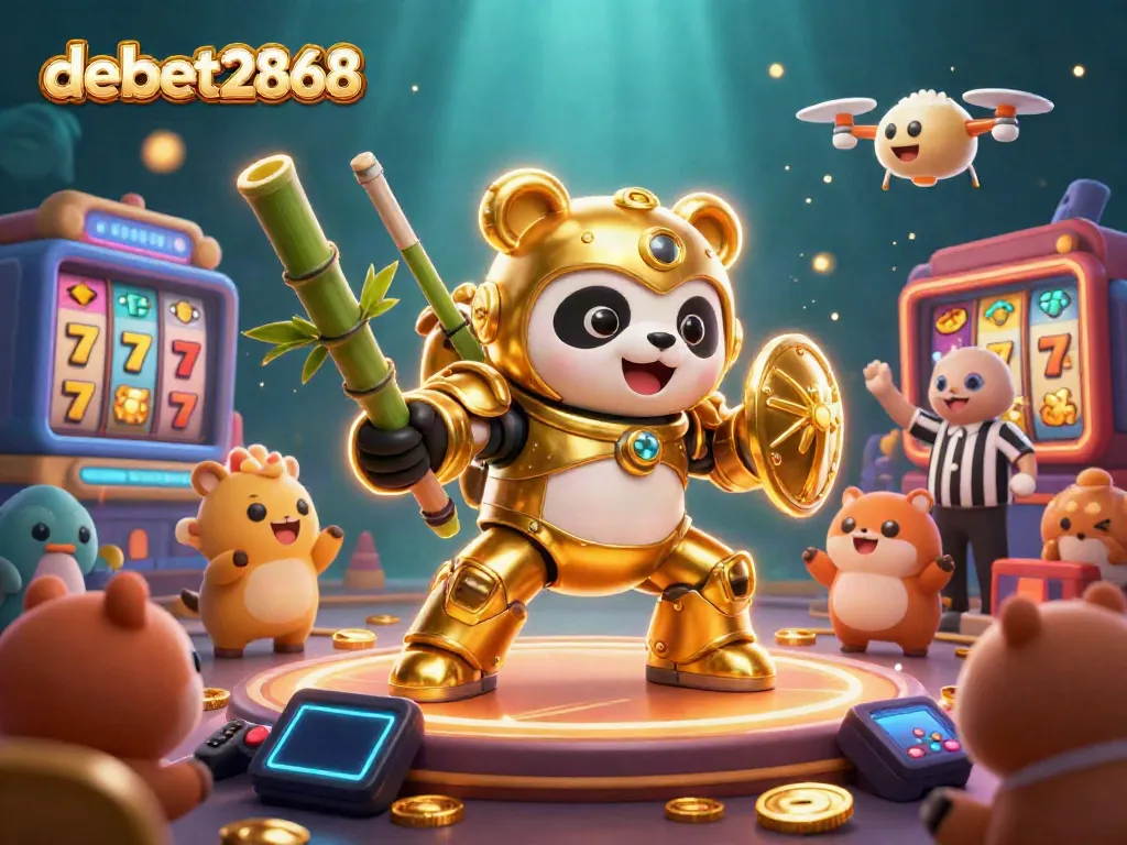 Engage with debet2868's casino adventure featuring a golden panda in a colorful gaming arena.