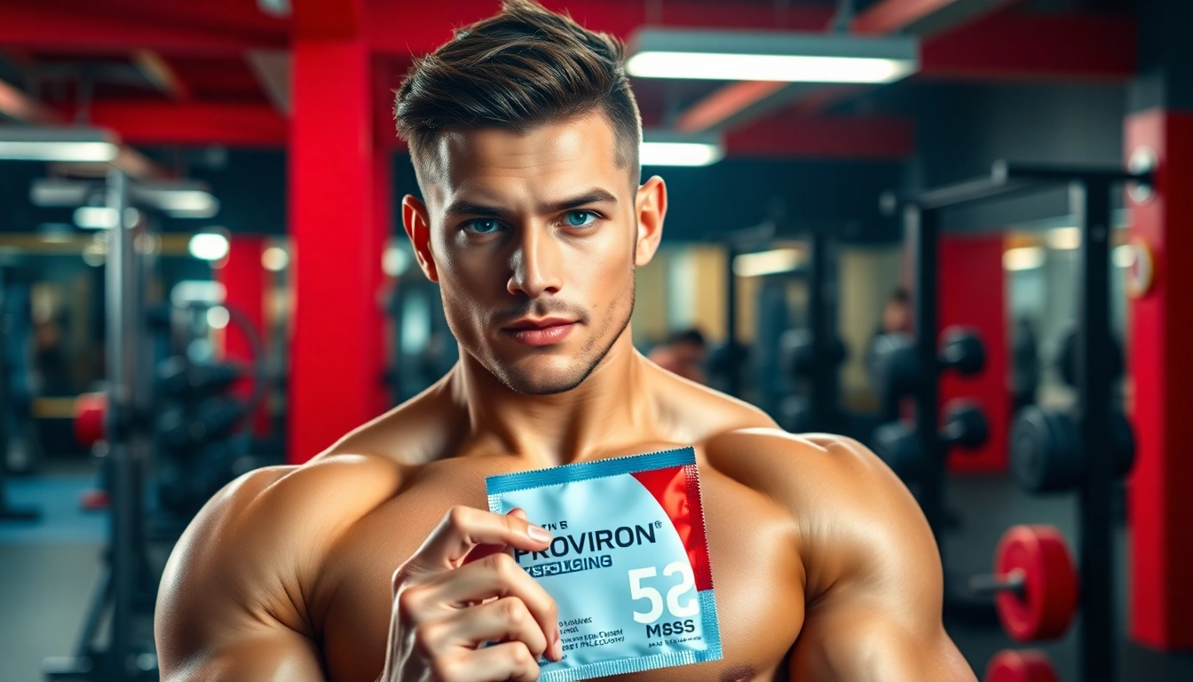 Proviron kaufen: Fitnessmodel präsentiert Proviron in einem modernen Gym.