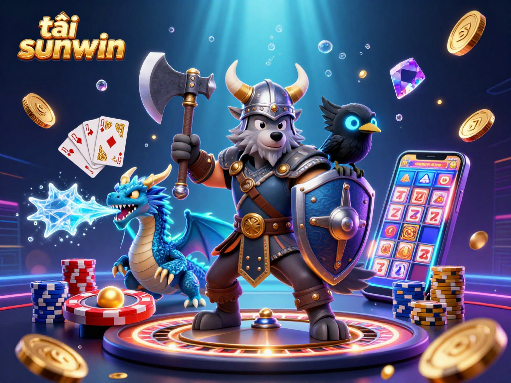 Engage in thrilling wins with tải sunwin featuring a Viking warrior, dragon, and casino elements.