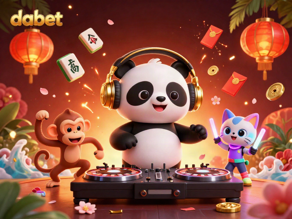 Dabet casino DJ panda spinning roulette-themed turntables amidst lively characters and festive elements.