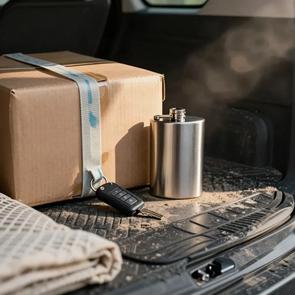 Ladeladeraum im Lieferwagen mit Spanngurt, Schlüsselanhänger, Thermoflasche und Antirutschmatte