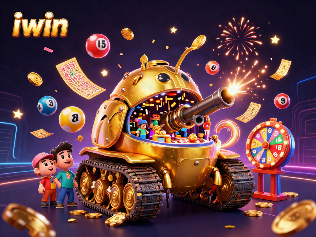 Spin to win with iwin's vibrant casino illustration filled with action-packed gaming elements.