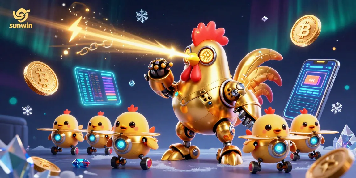 Experience sunwin's action with a golden rooster robot and crypto elements in vibrant 3D.
