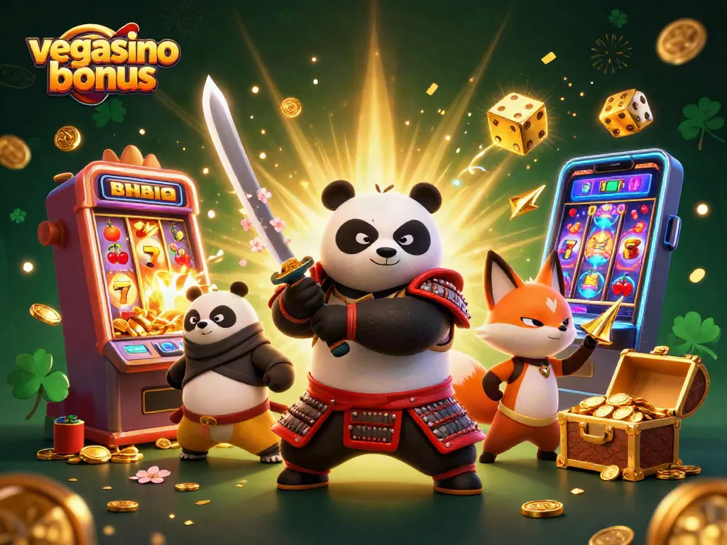 Experience the vegasino bonus excitement with samurai panda and magical characters in a vibrant casino scene.
